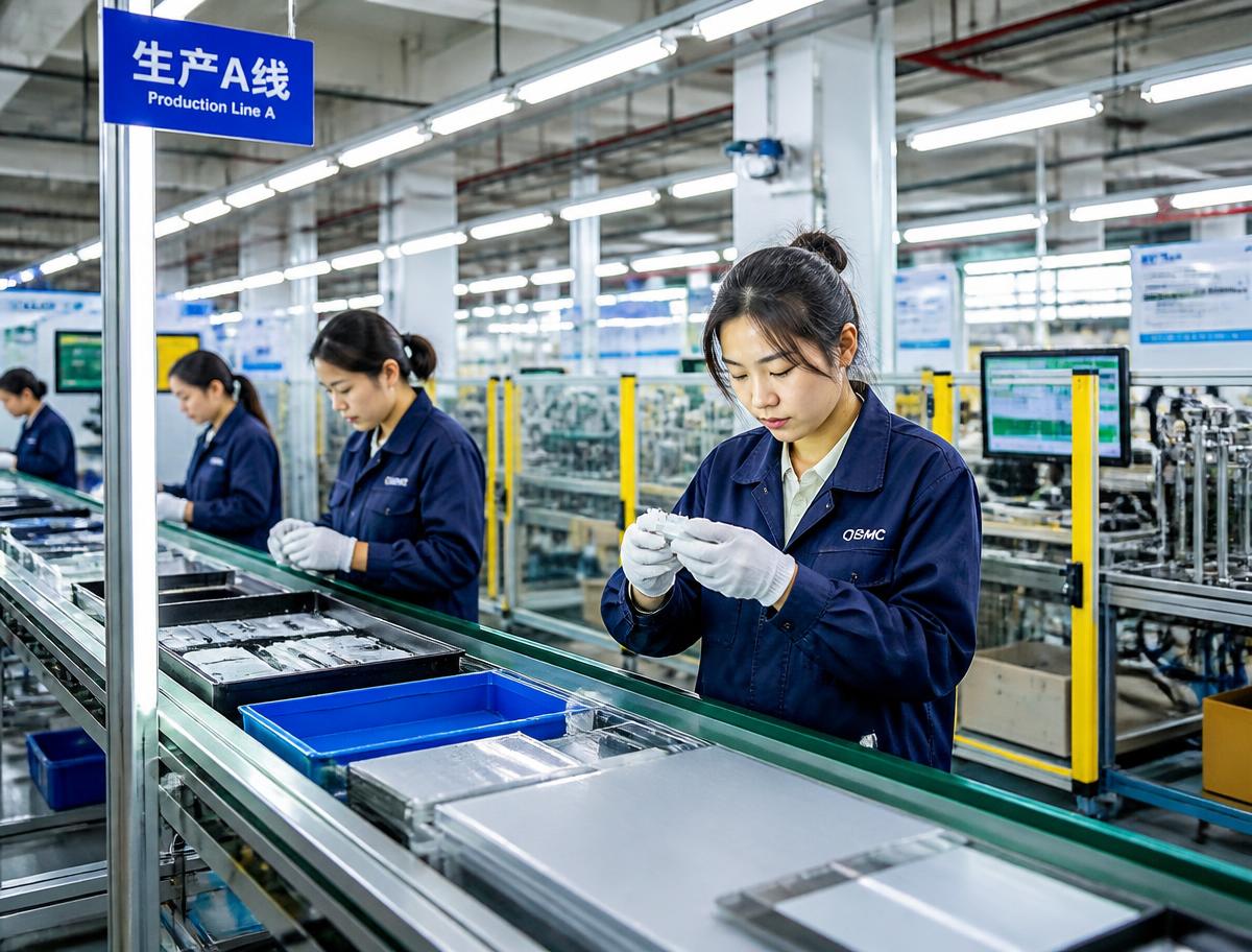 Workers inspecting products on a production line inside a Chinese factory