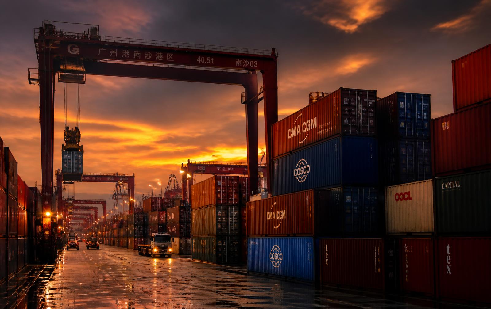 Container terminal in China at dusk with stacked shipping containers and gantry cranes