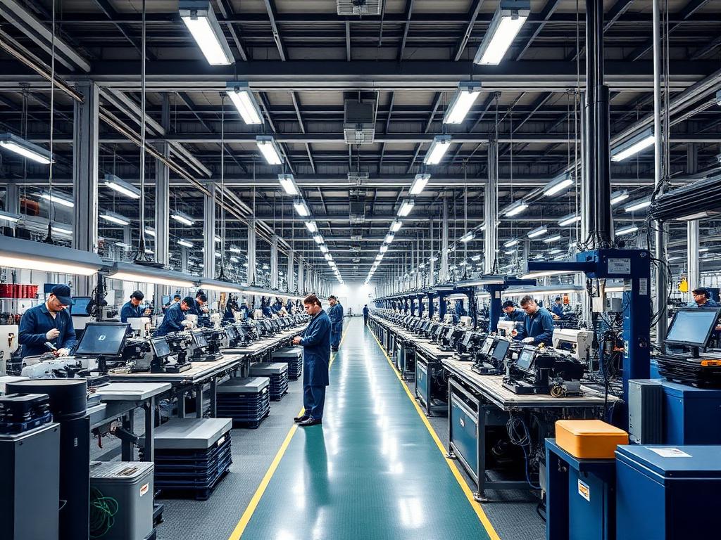 Workers and automated assembly lines inside a modern Chinese factory