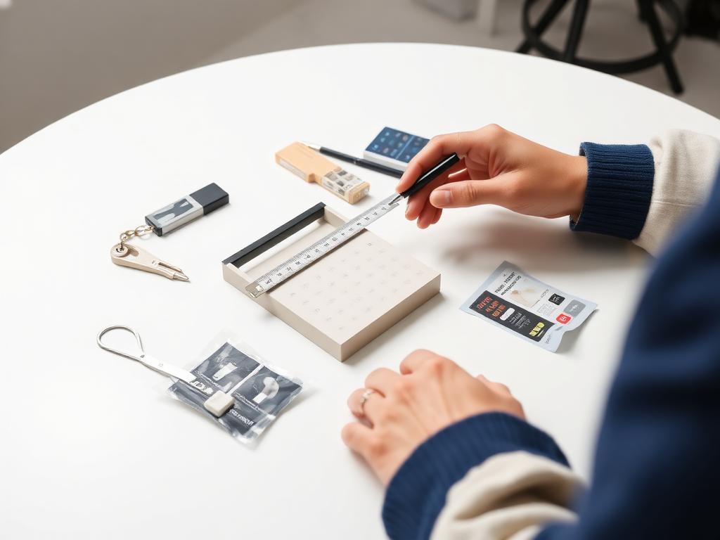 Hands measuring a product sample on a clean white table during sample evaluation
