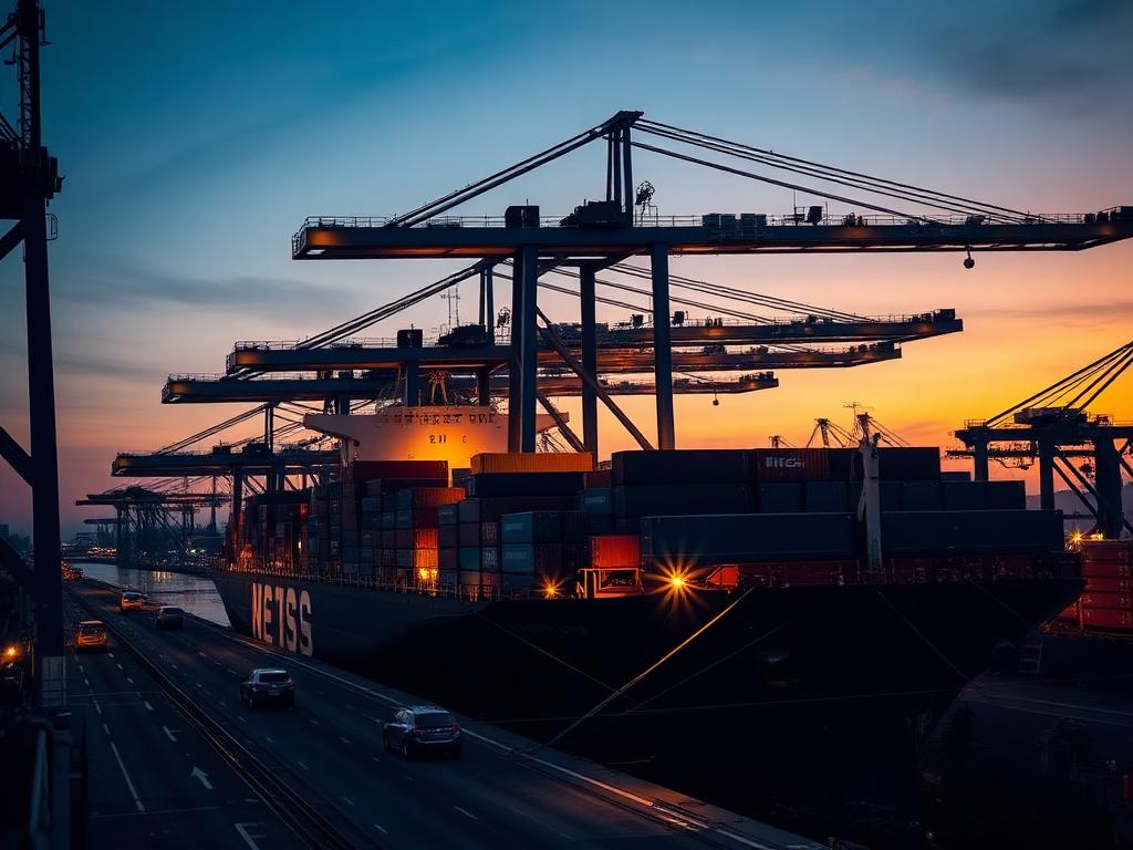 Container ship being loaded at a Chinese shipping port at dusk