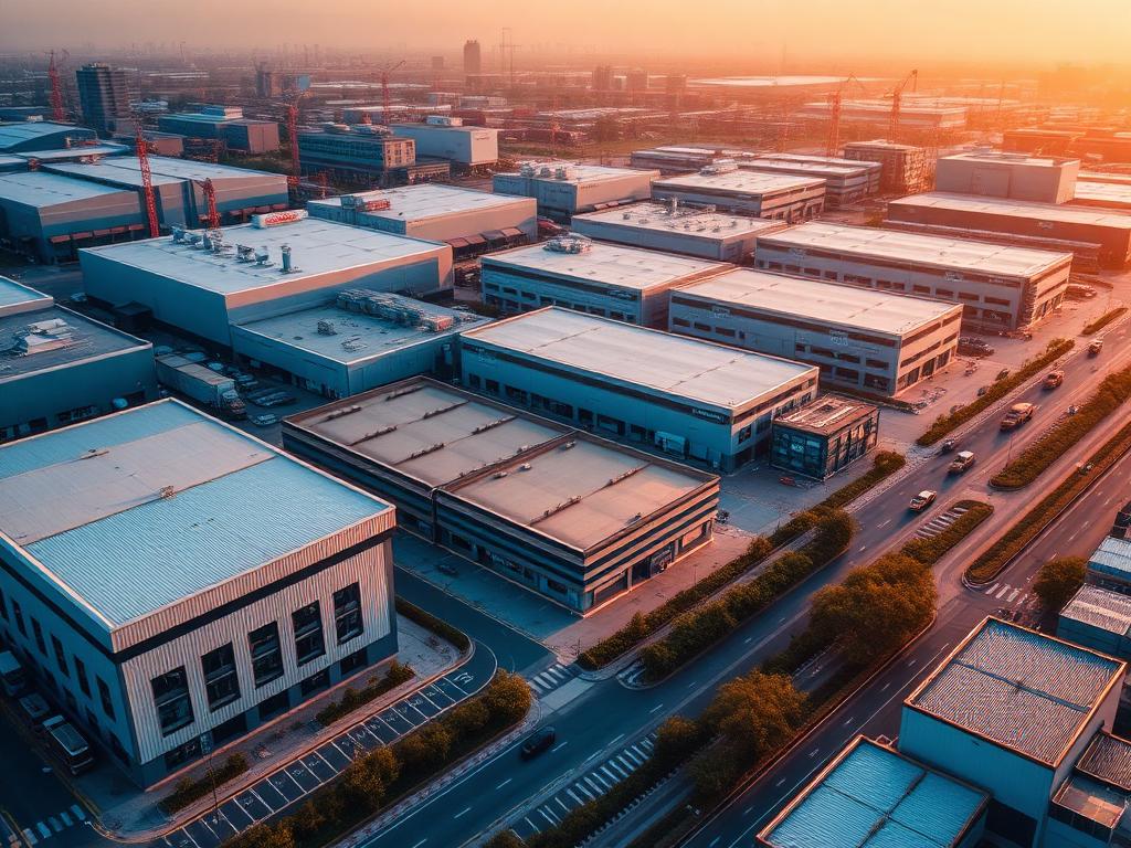 Aerial view of a modern Chinese manufacturing district at golden hour